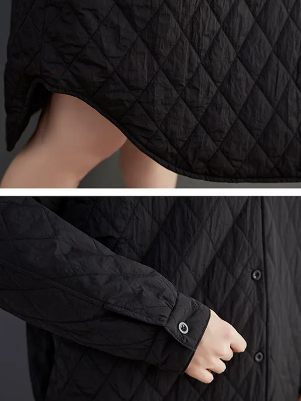 Simple Loose Rhombic Belted Solid Color Lapel Padded Coat