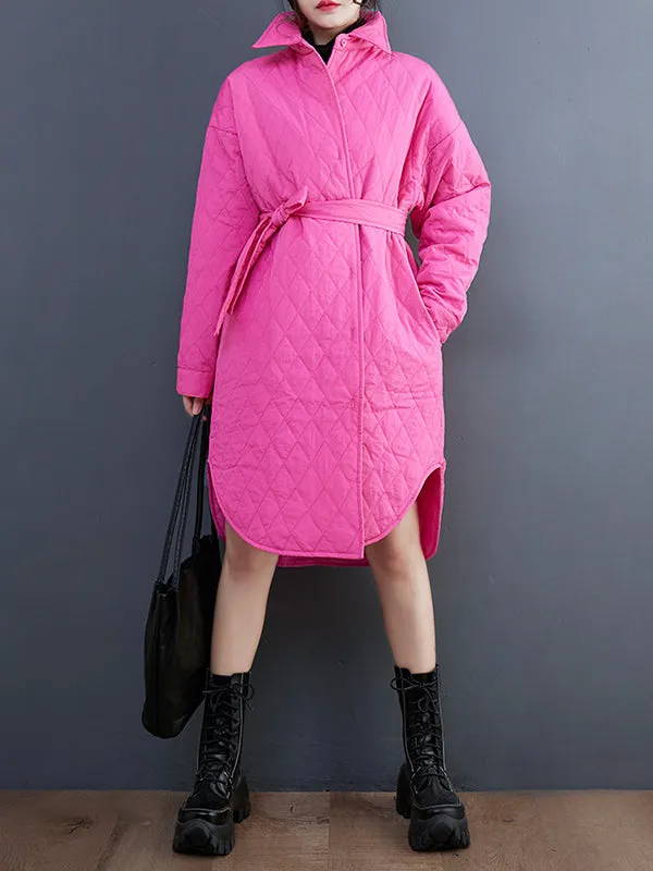 Simple Loose Rhombic Belted Solid Color Lapel Padded Coat