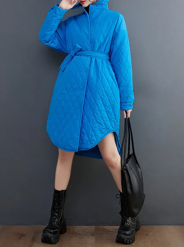 Simple Loose Rhombic Belted Solid Color Lapel Padded Coat