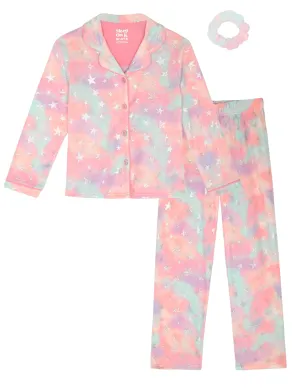 Sleep On It Girls 2-Piece Button-Front Coat Pajama Set with Scrunchie - Foil Stars