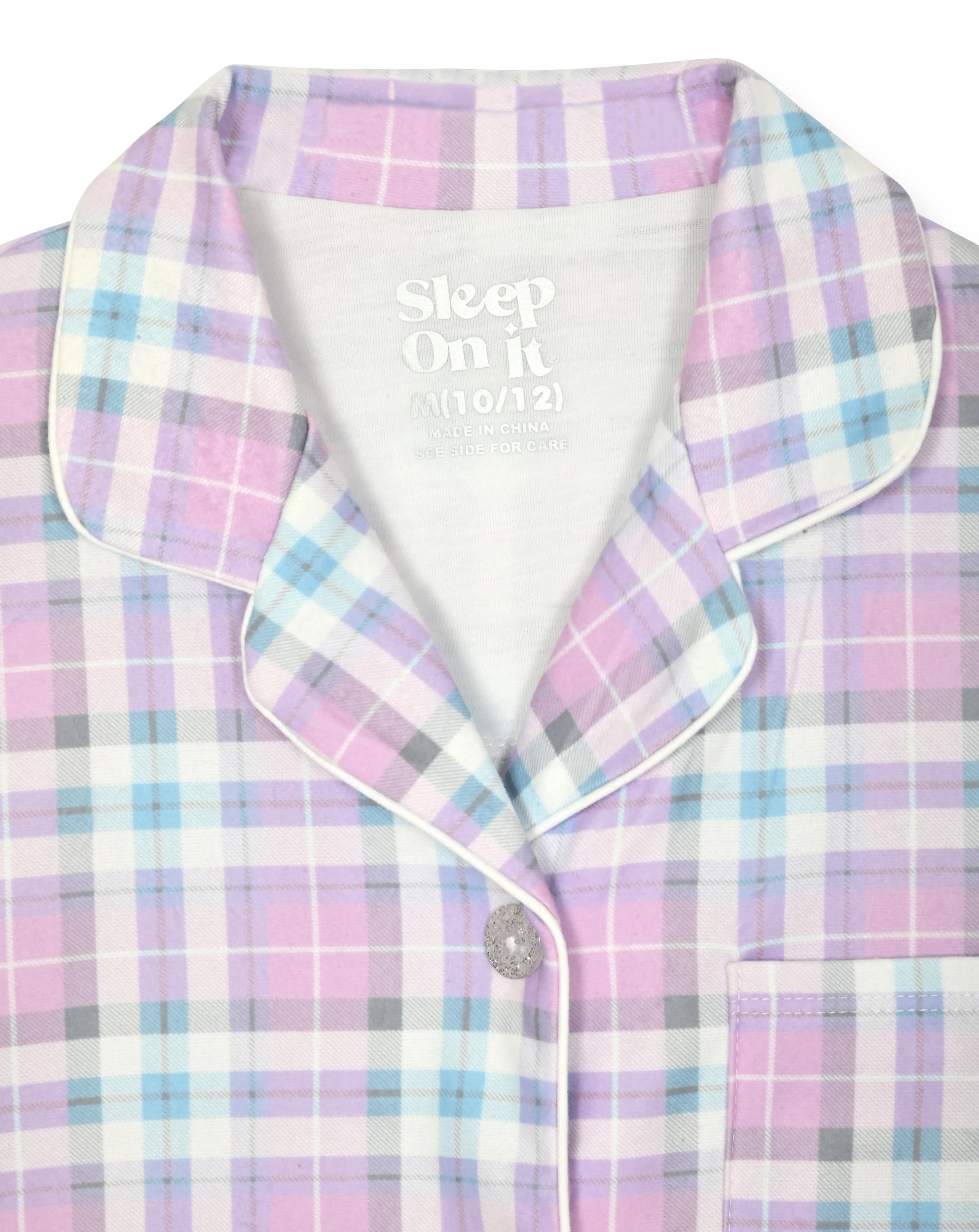 Sleep On It Girls 2-Piece Button-Front Coat Pajama Set with Scrunchie - Purple Plaid