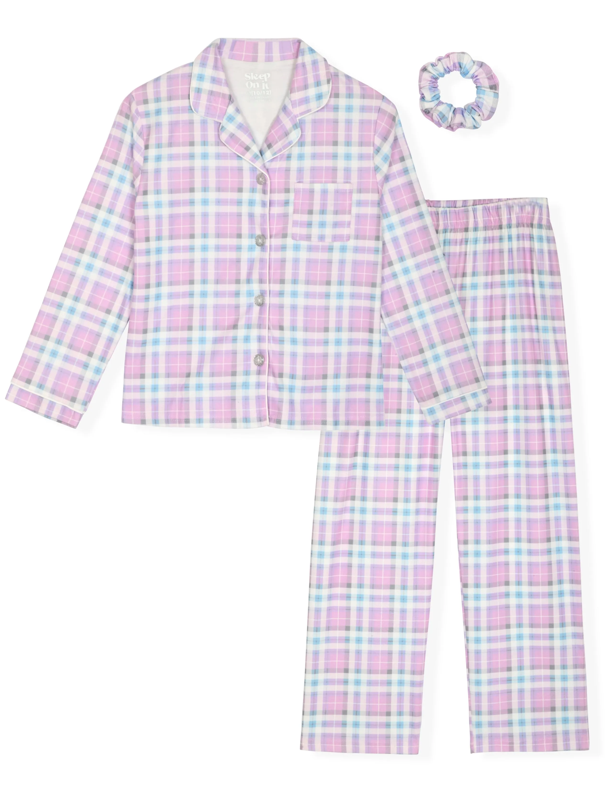 Sleep On It Girls 2-Piece Button-Front Coat Pajama Set with Scrunchie - Purple Plaid