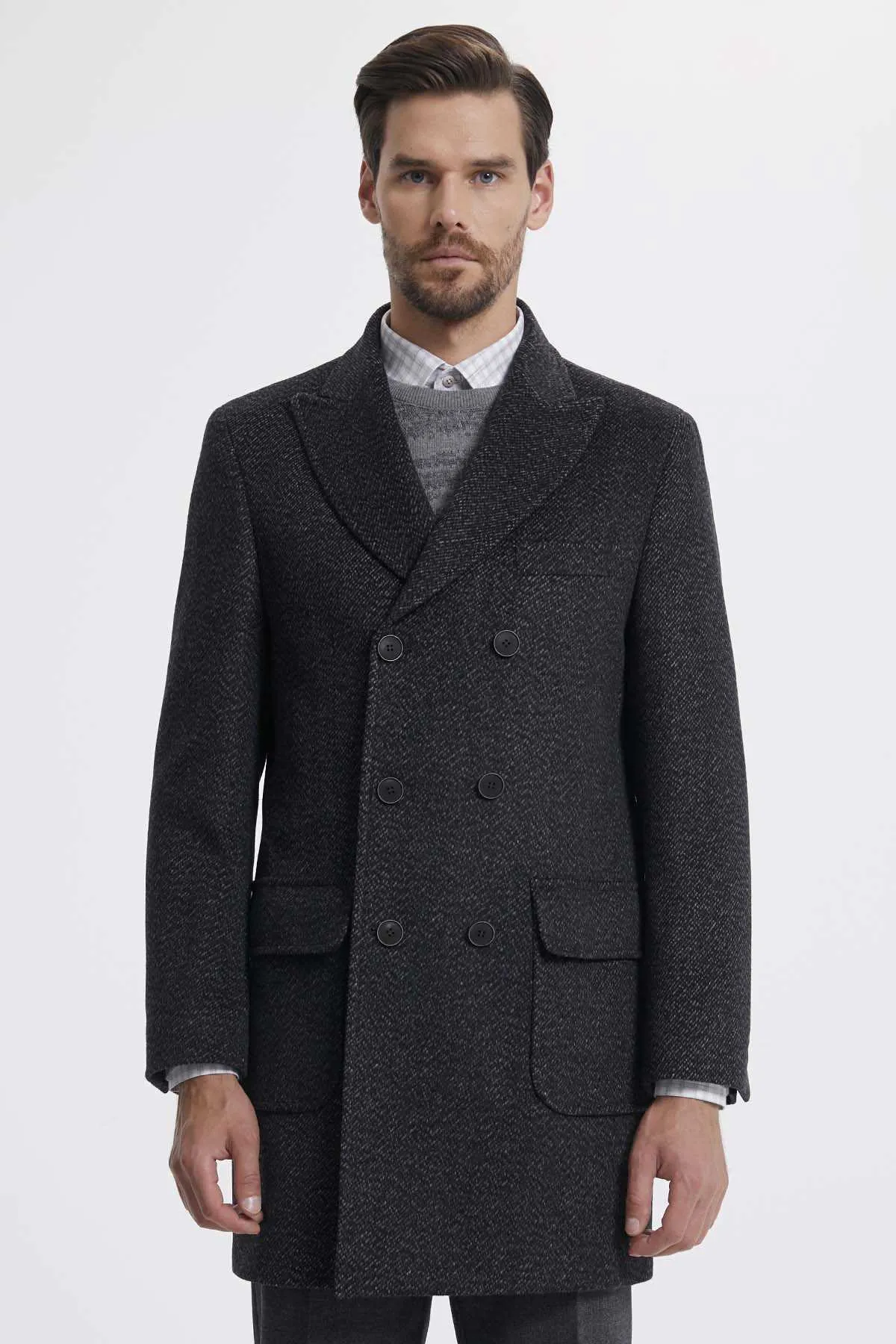 Slim Fit Double Breasted Peak Lapel Wool Gray Overcoat, Gray D.