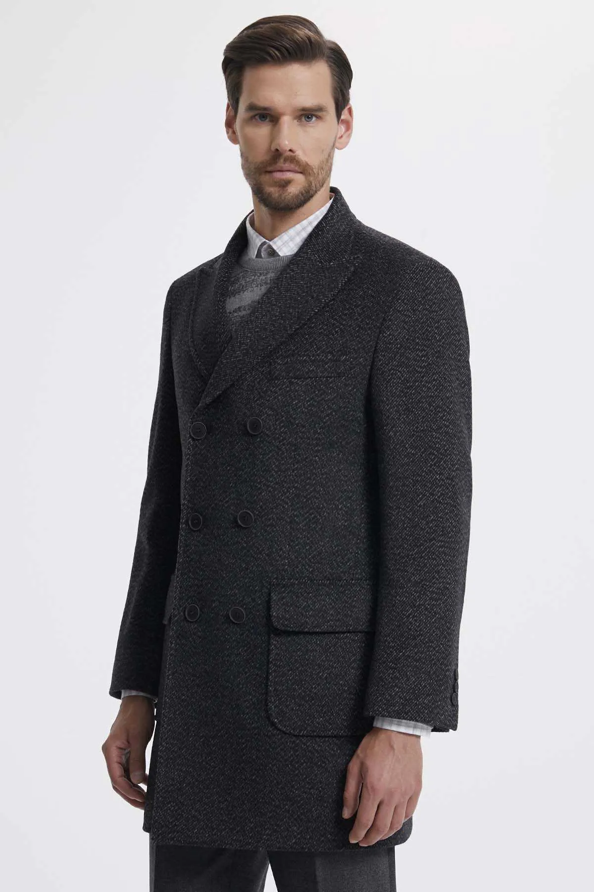 Slim Fit Double Breasted Peak Lapel Wool Gray Overcoat, Gray D.