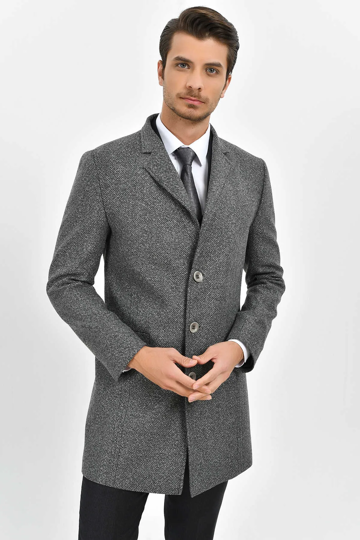 Slim Fit Notch Lapel Madrid Wool Light Gray Overcoat, Light Gray.D