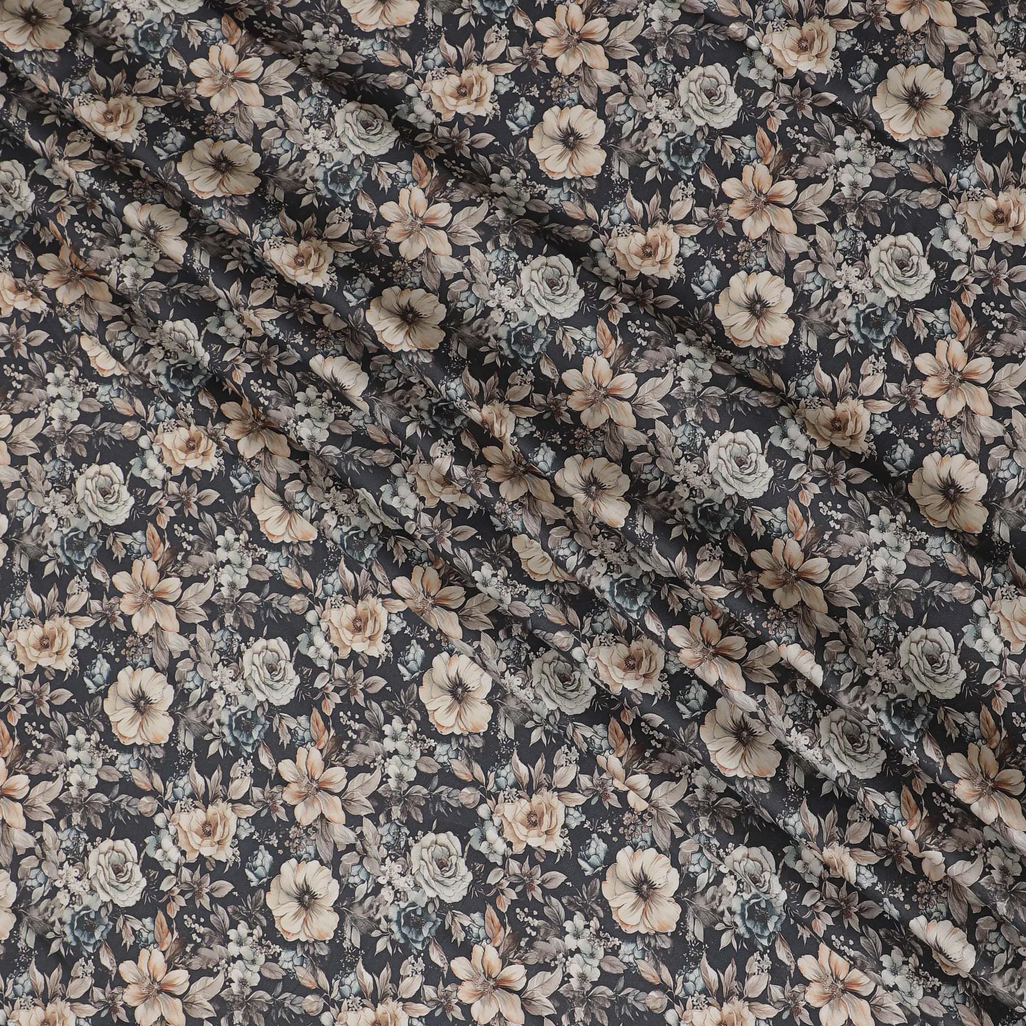 Sophisticated Charcoal Cotton Satin Fabric with Neutral Floral Print, 110 cm Wide-D19196