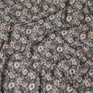 Sophisticated Charcoal Cotton Satin Fabric with Neutral Floral Print, 110 cm Wide-D19196