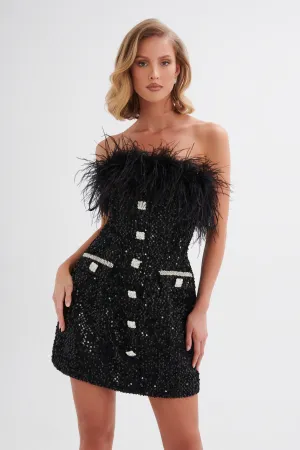 STELLA Sequin Boucle Strapless Feather Mini Dress in Black