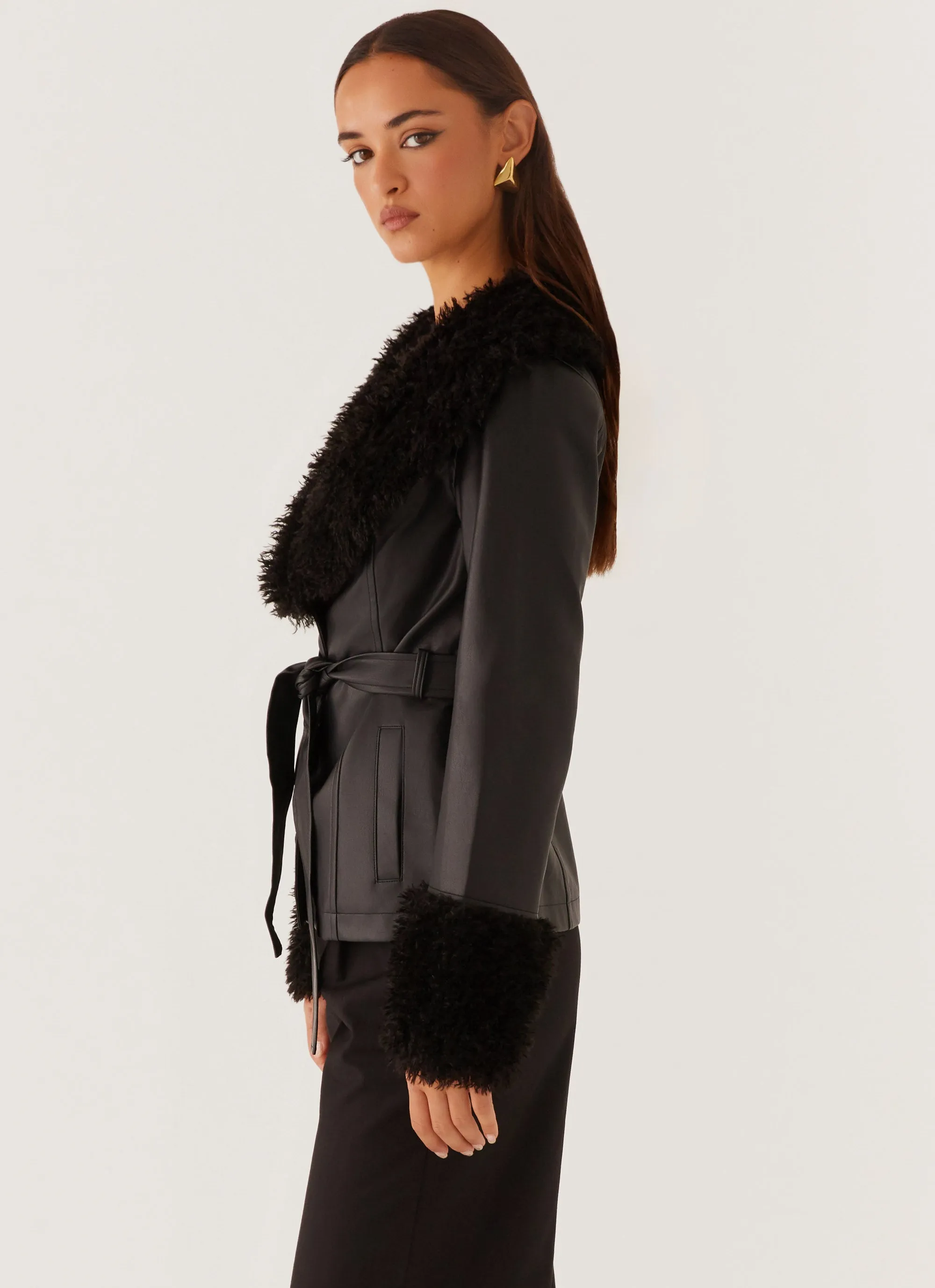 Street Lights Fur Trim Jacket - Black