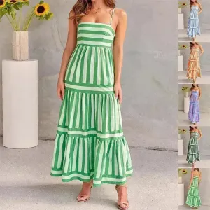 Summer Striped Printed Suspender Long Dress With Pockets Fashion Square Neck Backless Dresses For Beach Vacation Women Clothing