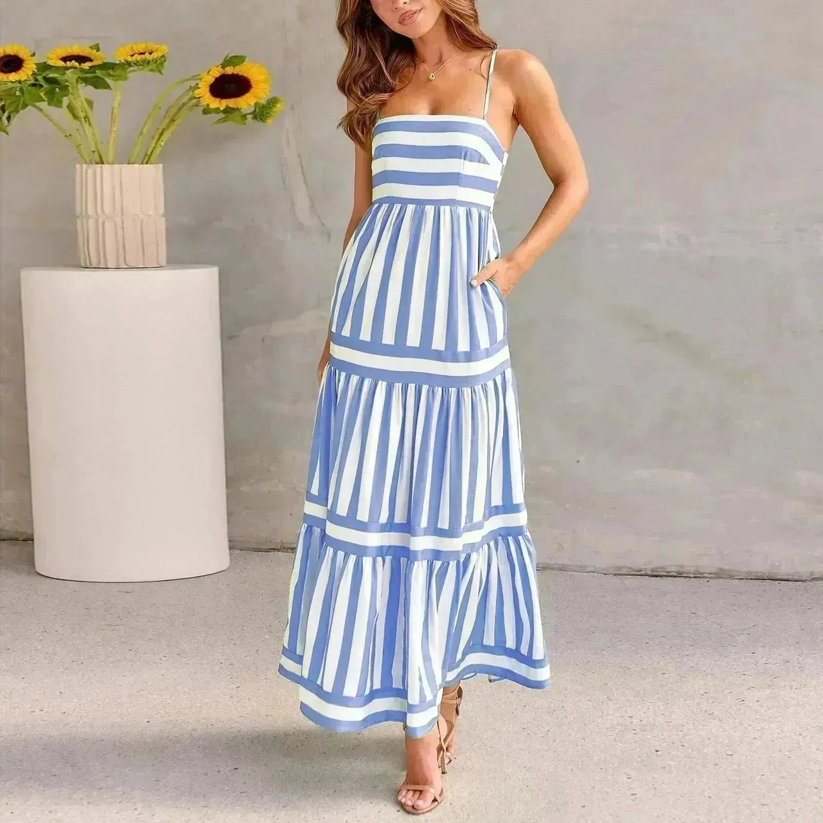 Summer Striped Printed Suspender Long Dress With Pockets Fashion Square Neck Backless Dresses For Beach Vacation Women Clothing