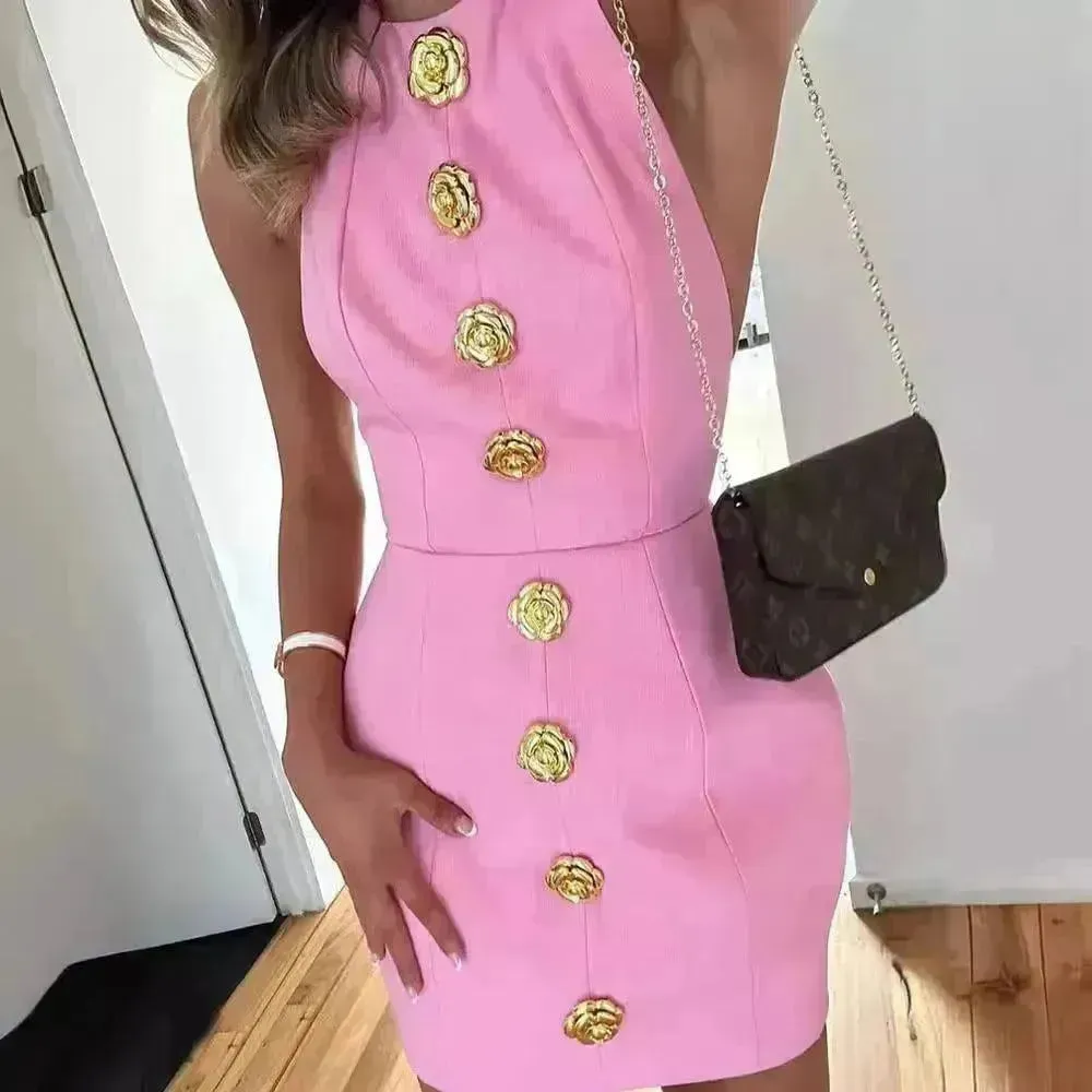 Sweet Sleeveless Backless Dress With Rose Button Design Summer Street Fashion Mini Dresses Women