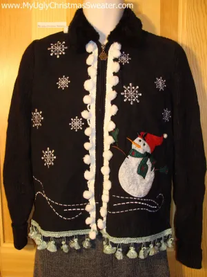 Tacky Cheap Ugly Christmas Sweater with Carrot Nosed Snowman and Dangling Fringe (f502)