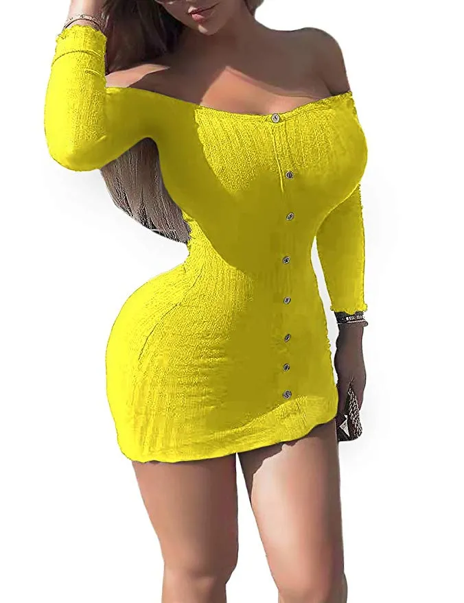 TastyHottie - Knitted Botton Down Mini Club Dress Bodycon Tops Blouse Long Sleeve Pullover Sweater Dress