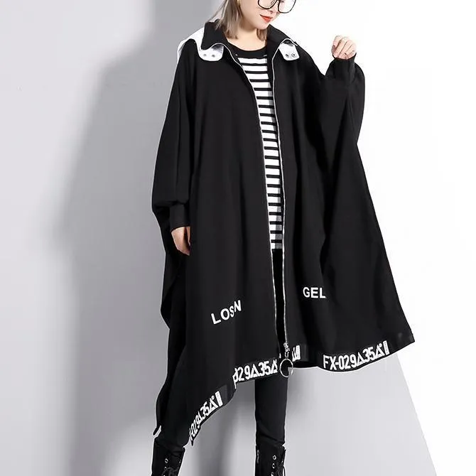 vintage black coat Loose fitting turn-down collar zippered long coat 2018 Batwing Sleeve asymmetric Coat