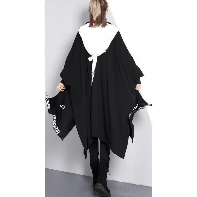 vintage black coat Loose fitting turn-down collar zippered long coat 2018 Batwing Sleeve asymmetric Coat