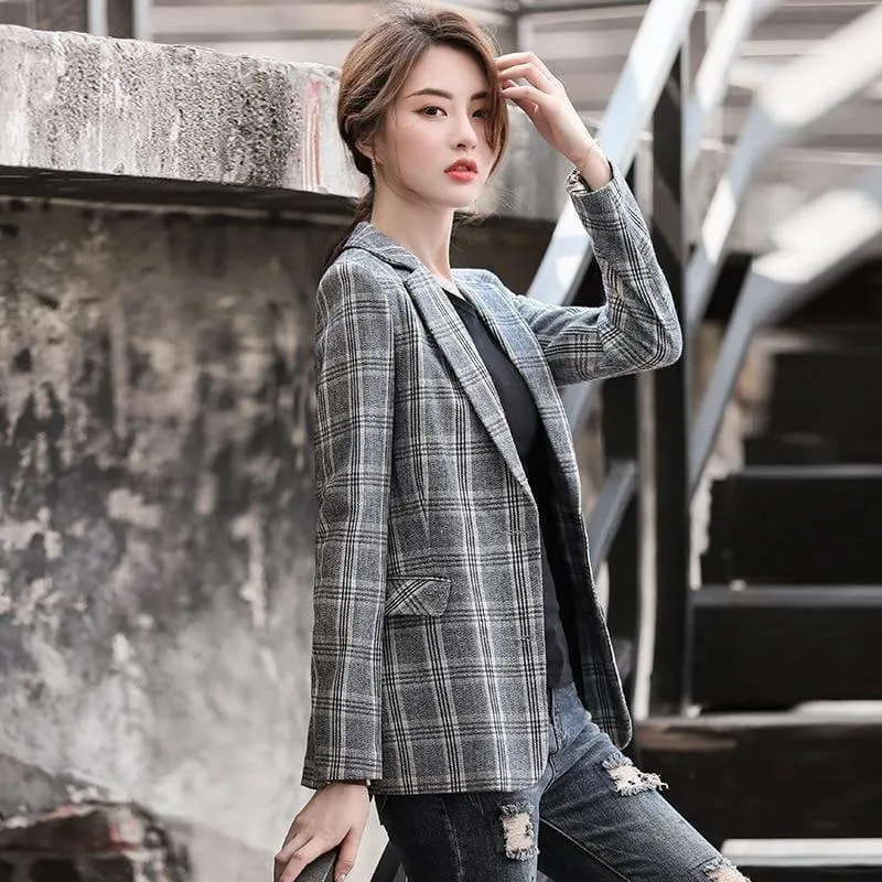 Vintage English Style Plaid Coat with Pockets Two Button Jacket Blazer