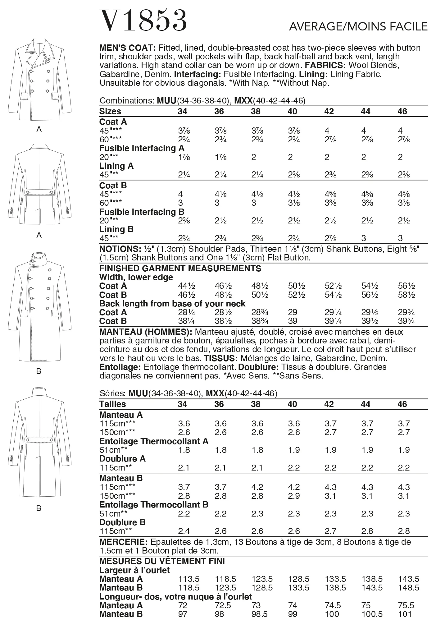 Vogue Pattern V1853 Men's Coat