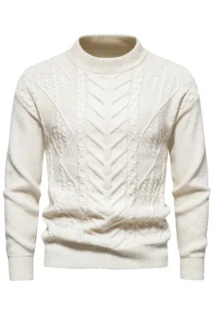 White Jacquard Round Neck Men's Knit Sweater