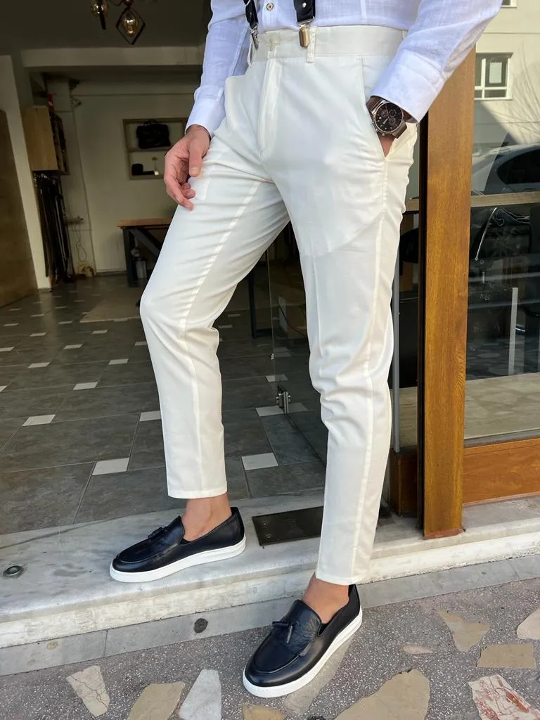 White Slim Fit Cotton Pants for Men by GentWith.com