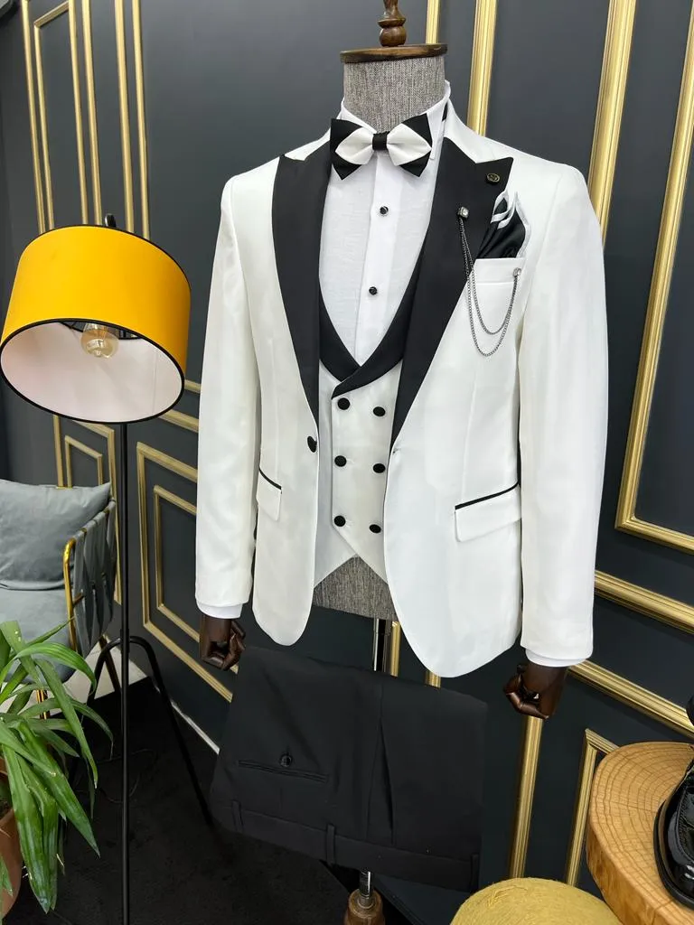 White Slim Fit Peak Lapel Tuxedo for Men by GentWith.com