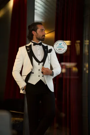 White Slim Fit Peak Lapel Tuxedo for Men by GentWith.com