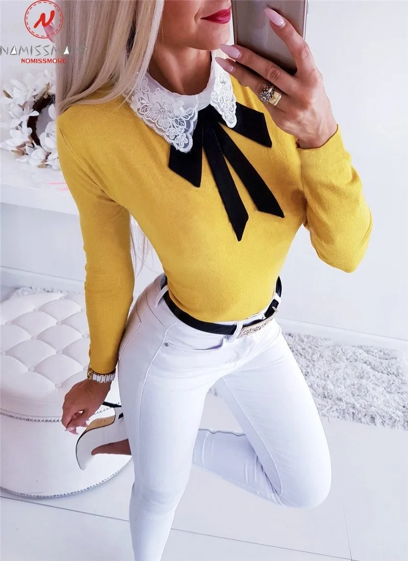 Women Long Sleeve Patchwork Bow Lace Design Turn-down Collar Blouse