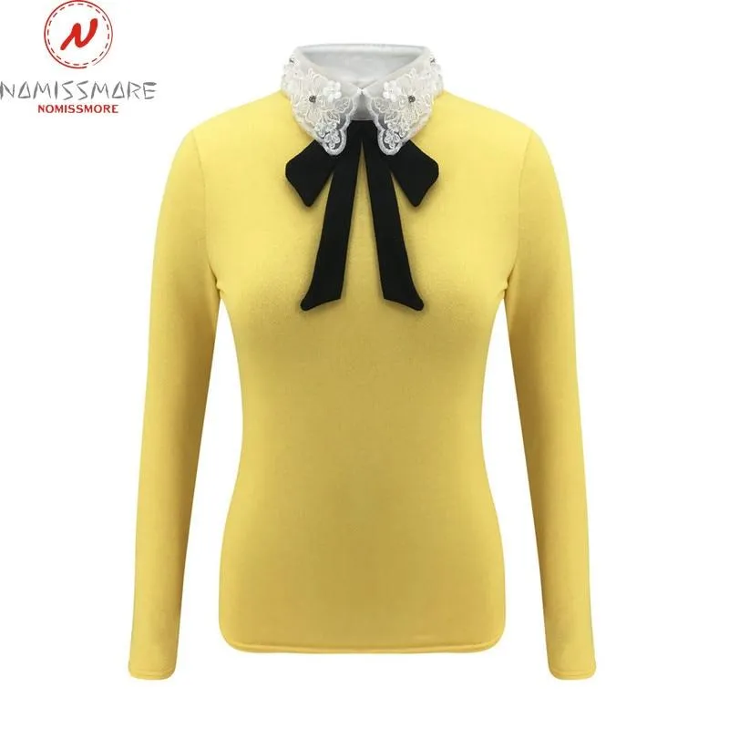 Women Long Sleeve Patchwork Bow Lace Design Turn-down Collar Blouse