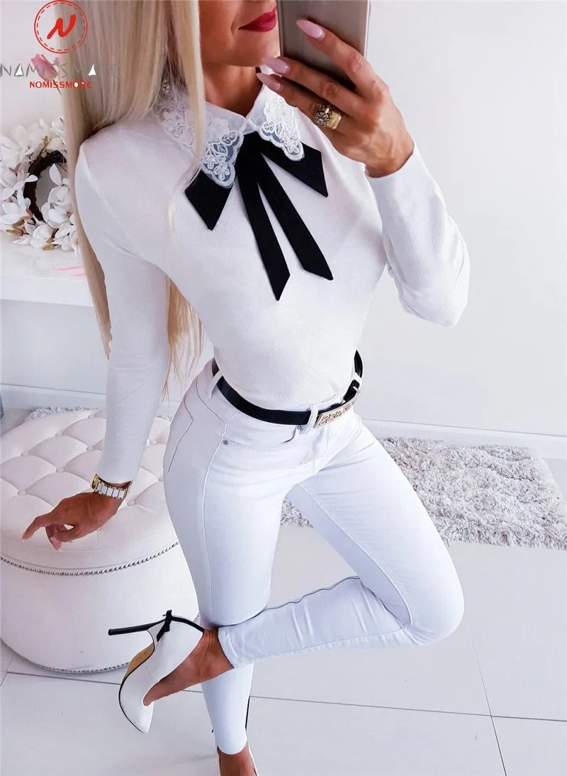 Women Long Sleeve Patchwork Bow Lace Design Turn-down Collar Blouse