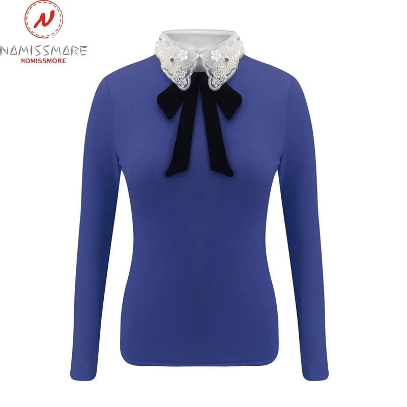 Women Long Sleeve Patchwork Bow Lace Design Turn-down Collar Blouse