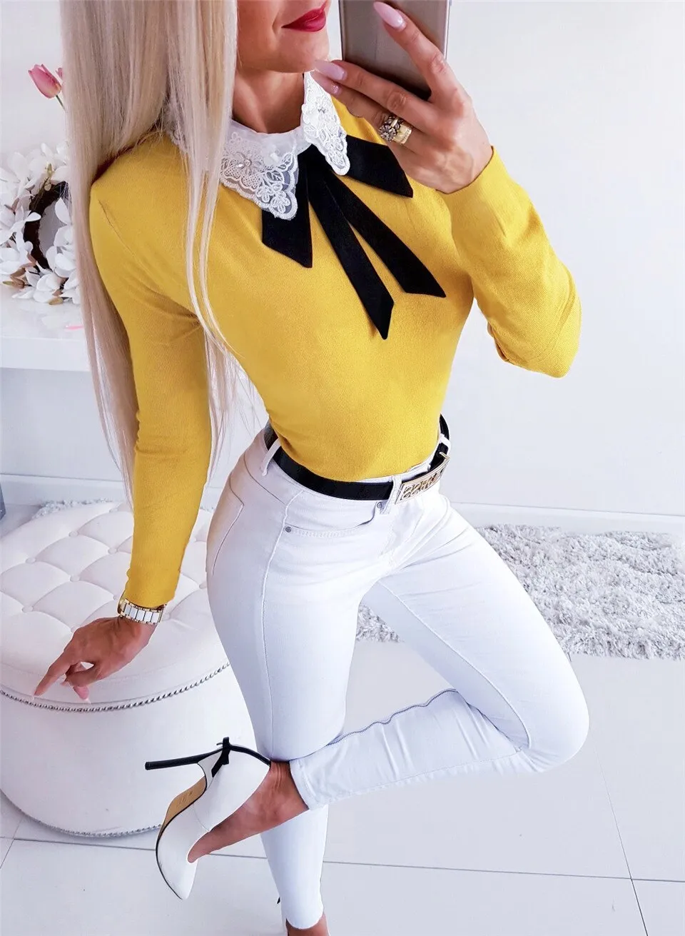 Women Long Sleeve Patchwork Bow Lace Design Turn-down Collar Blouse