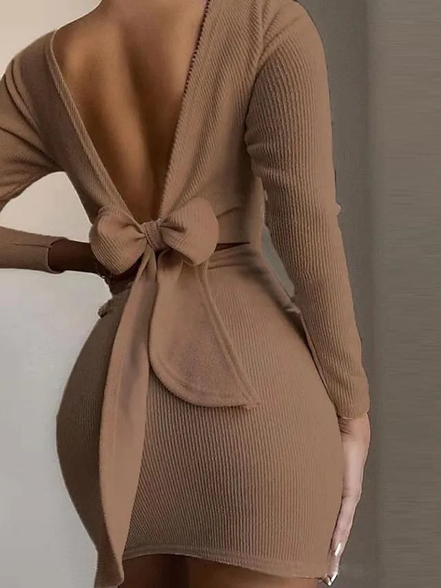 Women's Long Sleeve Backless Bow Mini Sweater Dress