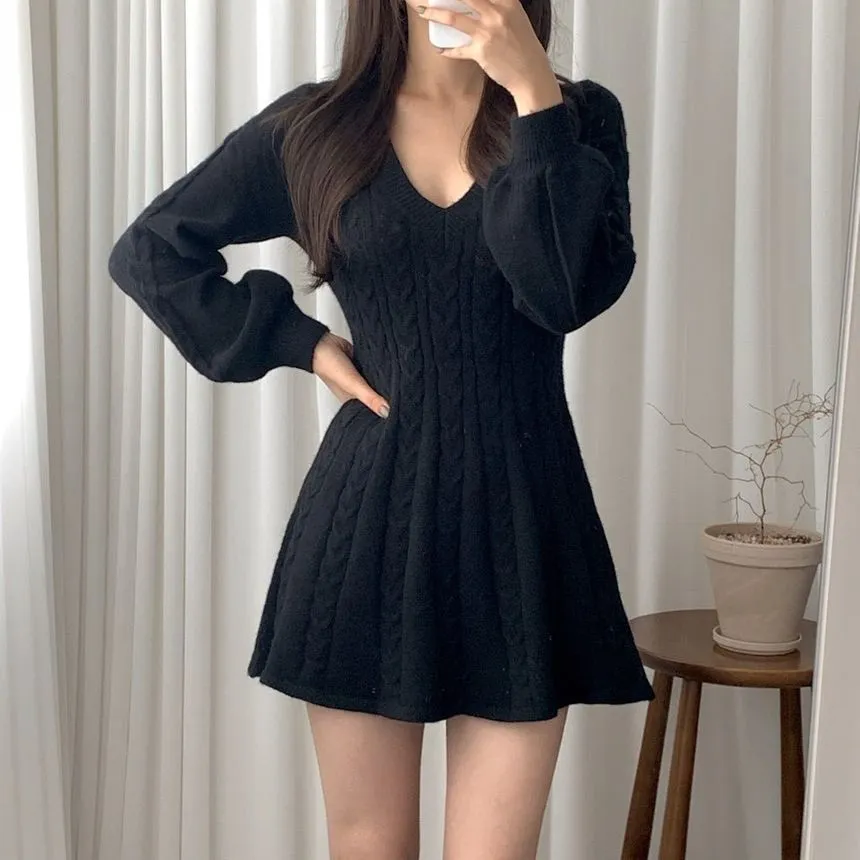 Womens Long-Sleeve Cable-Knit V Neck Sweater Mini Dress