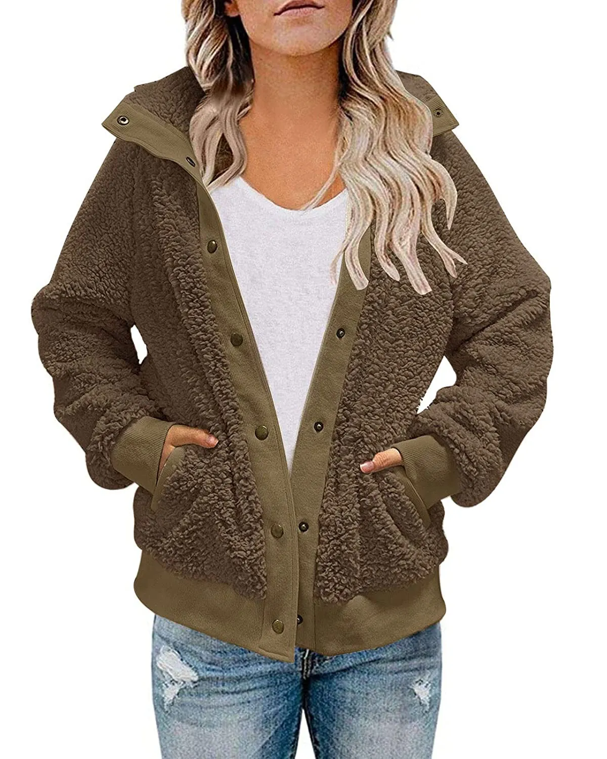 ZESICA Button Down Fuzzy Fleece Jacket Coat