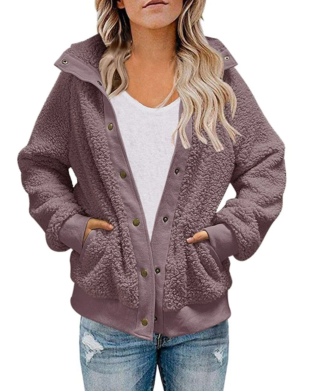 ZESICA Button Down Fuzzy Fleece Jacket Coat