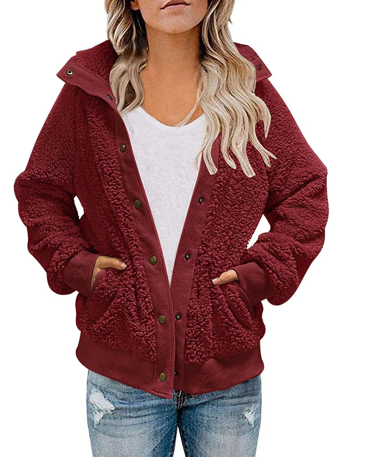 ZESICA Button Down Fuzzy Fleece Jacket Coat