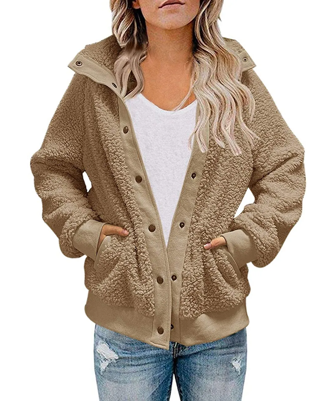 ZESICA Button Down Fuzzy Fleece Jacket Coat