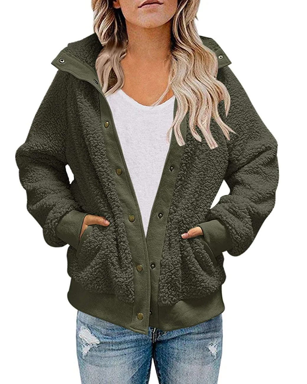 ZESICA Button Down Fuzzy Fleece Jacket Coat